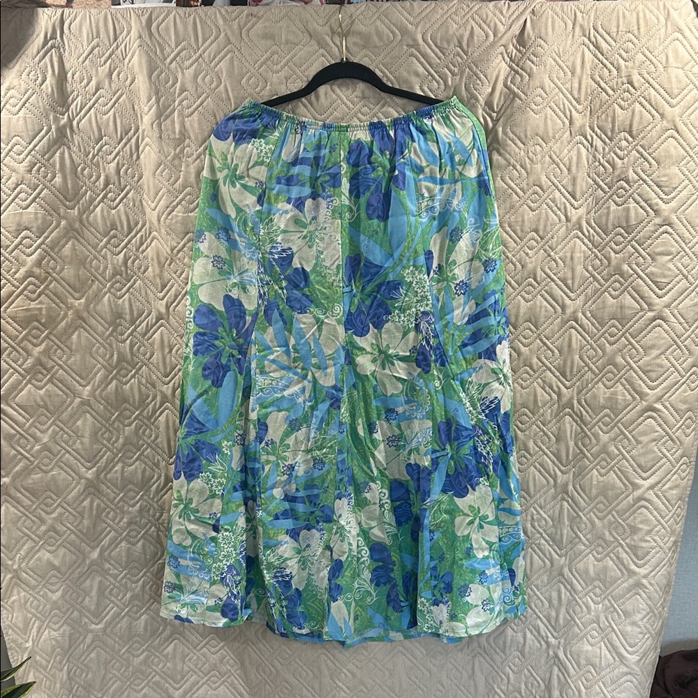 Tropical Floral A-Line Skirt in Blue and Green